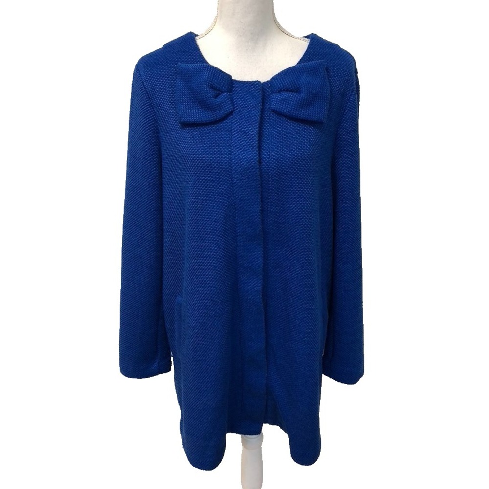 Elle Jacket Overcoat Womens XL Blue Mid Length Bow Button Classy Business Career